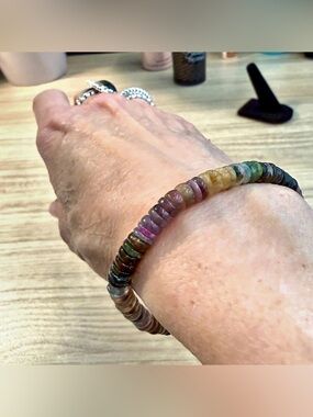 Genuine Tourmaline Stone Beaded Stretch Bracelet 7.5”